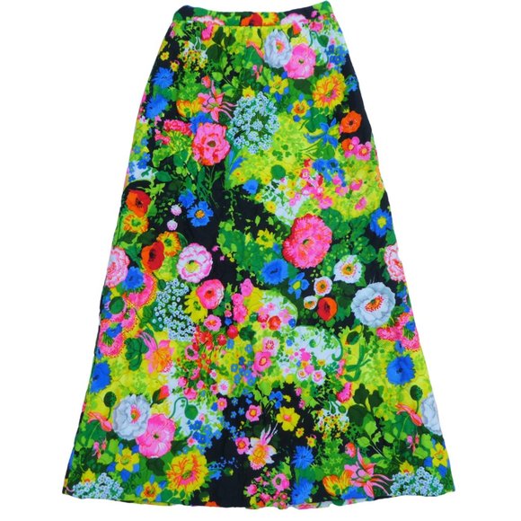 Quilted Vintage 60s Vibrant Neon Floral Maxi Skirt Back Zip Mr B of California S